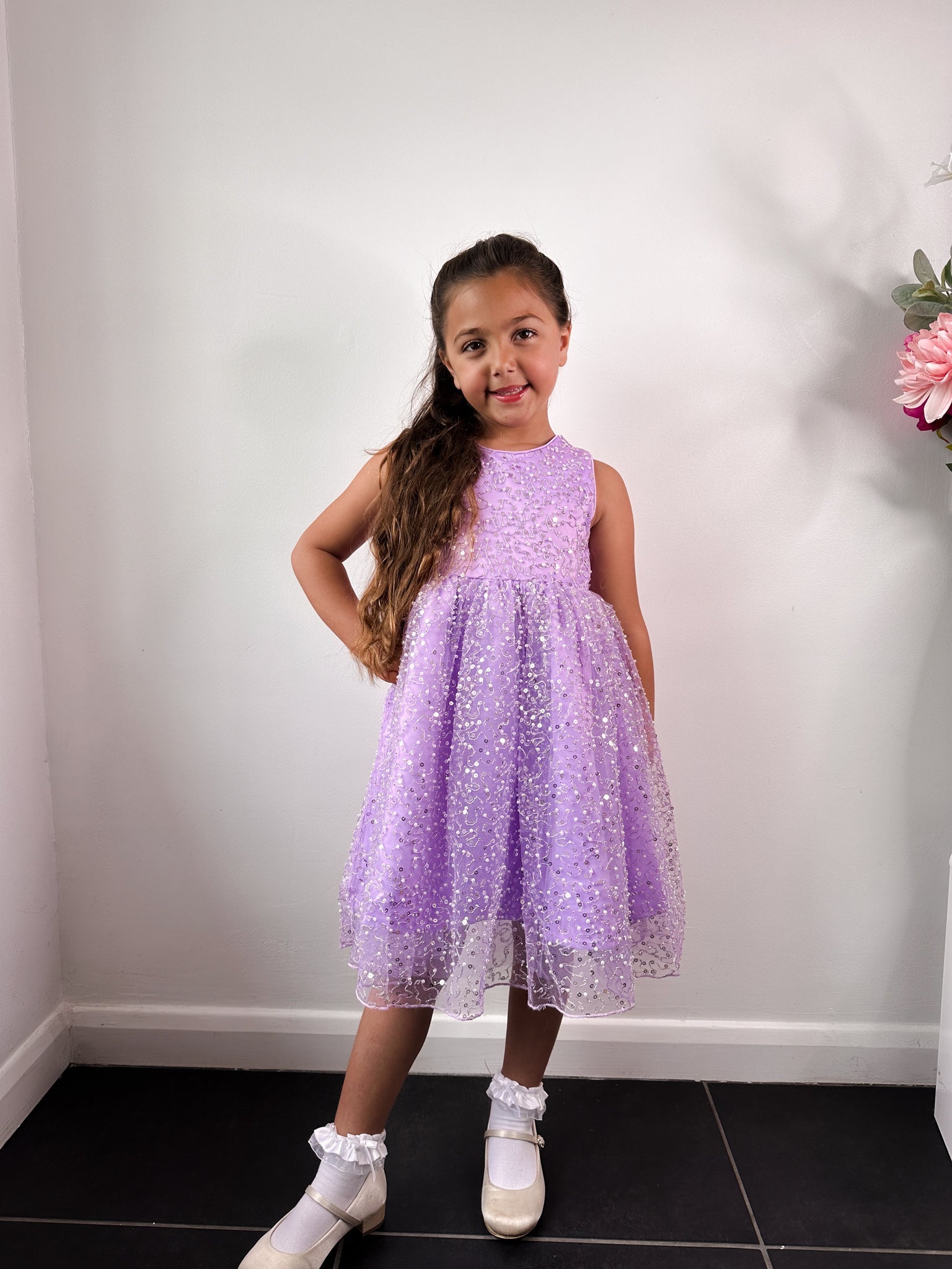 Girls Sequin Beaded Midi Dress in Lilac