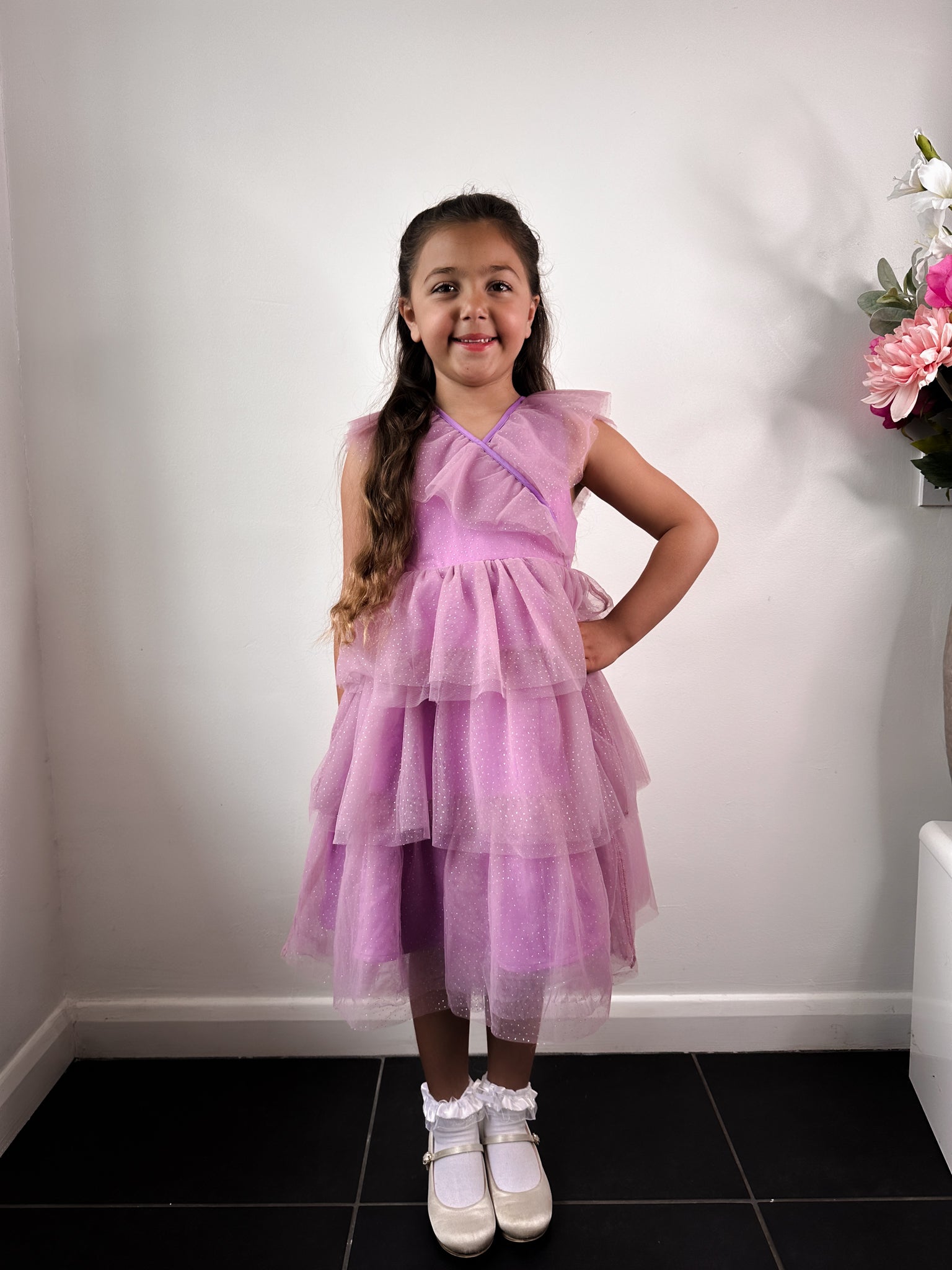 Girls Tiered Ruffle Sparkle Midi Dress in Lilac