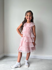 Girls Tiered Sparkle Midi Dress in Pink