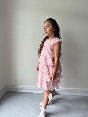 Girls Tiered Sparkle Midi Dress in Pink