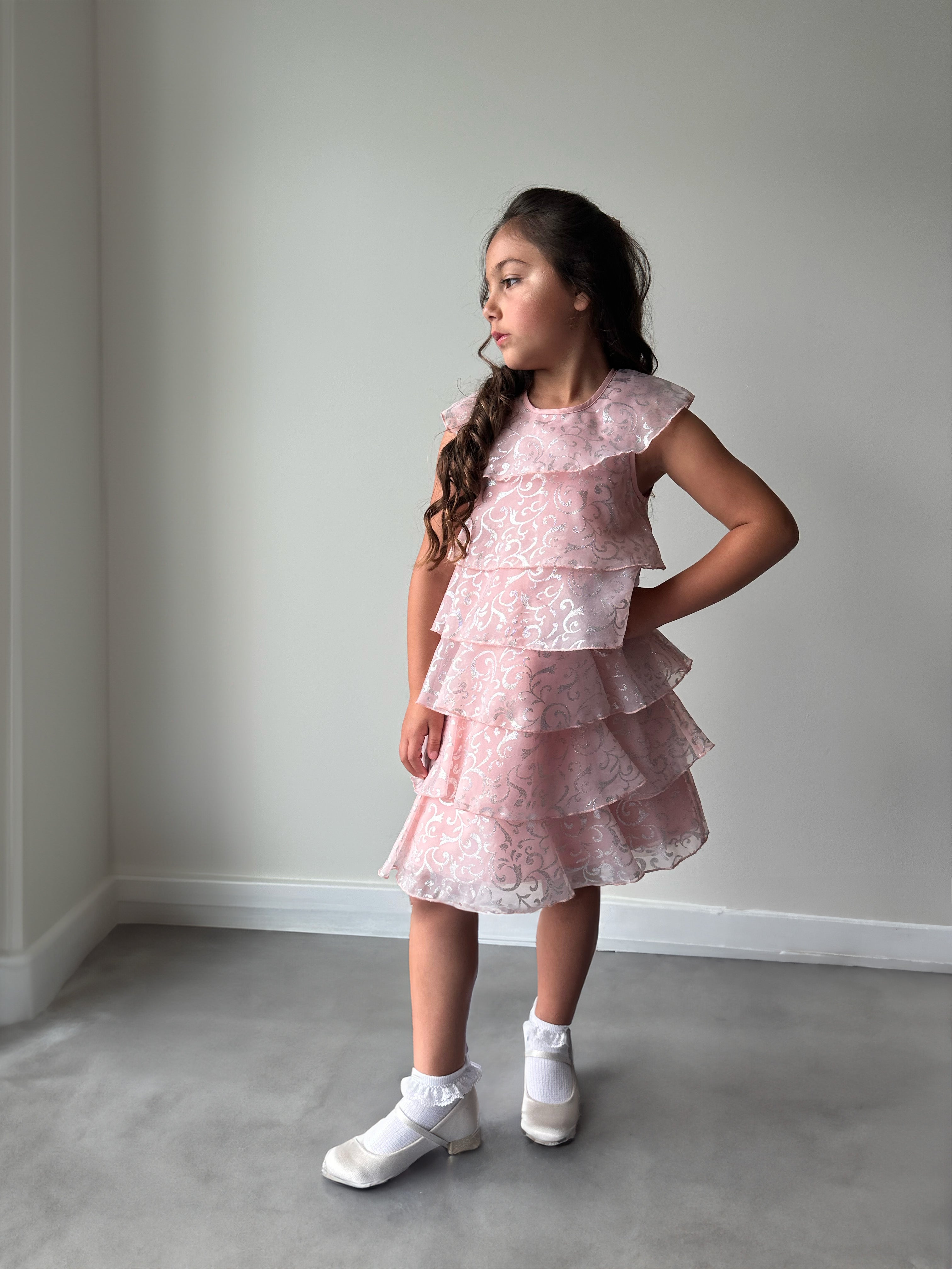 Girls Tiered Sparkle Midi Dress in Pink