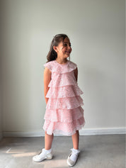 Girls Tiered Sparkle Midi Dress in Pink