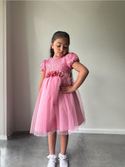 Girls Sequin Tulle Midi Dress in Pink