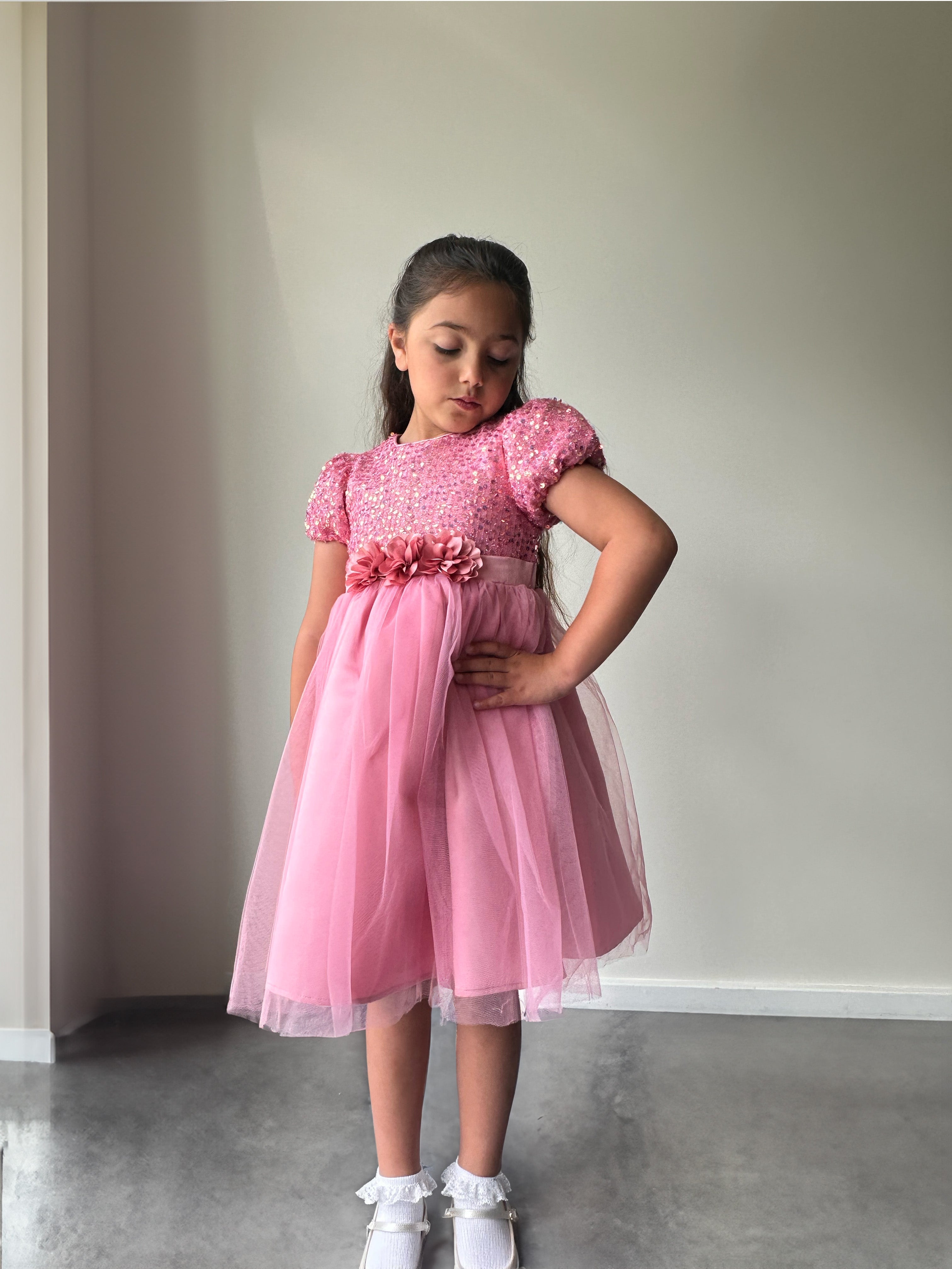 Girls Sequin Tulle Midi Dress in Pink