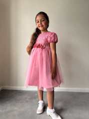 Girls Sequin Tulle Midi Dress in Pink
