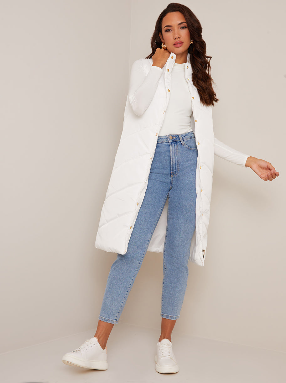 Diamond Quilt Detail Longline Padded Gilet in White