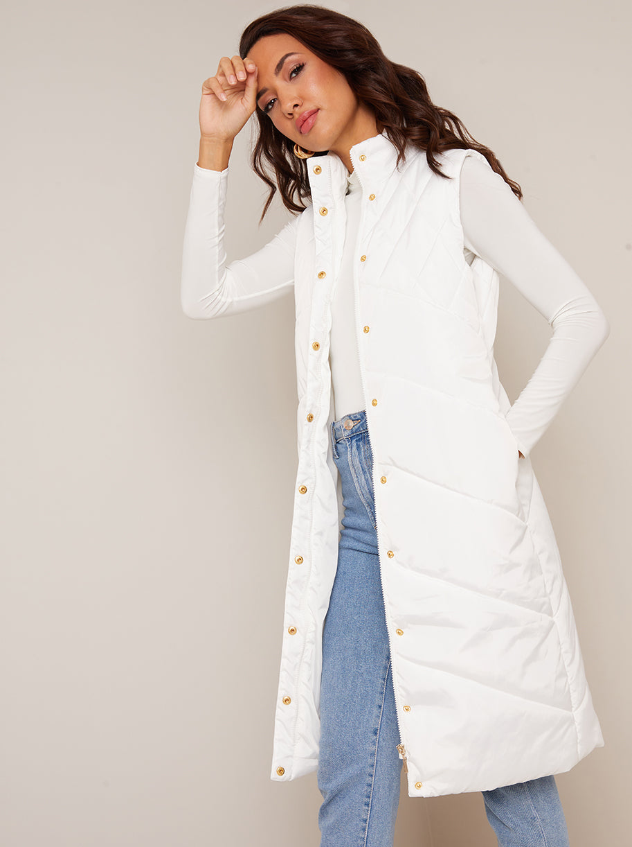 Diamond Quilt Detail Longline Padded Gilet in White