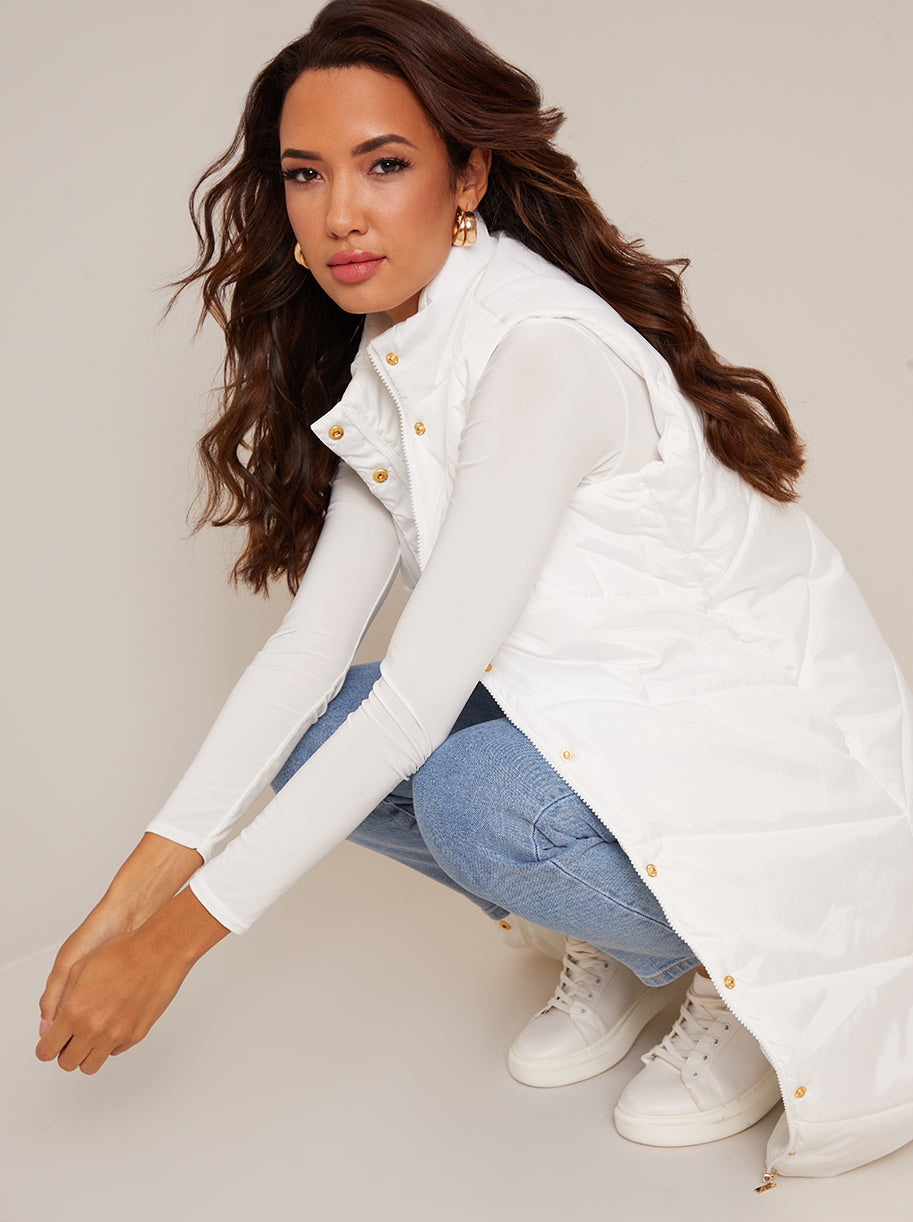 Diamond Quilt Detail Longline Padded Gilet in White
