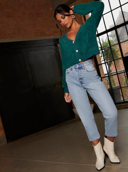 Fluffy Yarn Knitted Cardigan in Green | Chi Chi London UK
