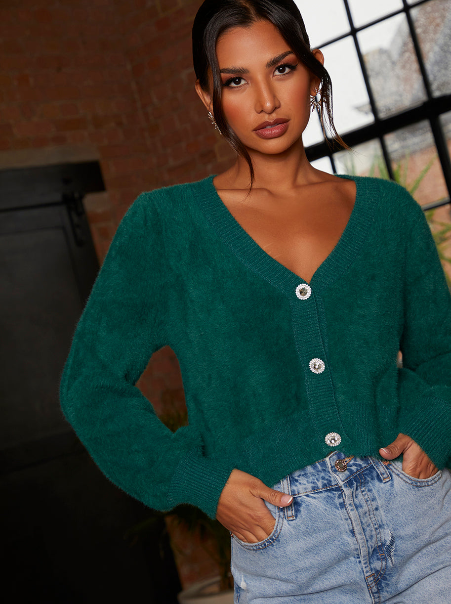 Fluffy Yarn Knitted Cardigan in Green | Chi Chi London UK