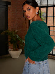 Fluffy Yarn Knitted Cardigan in Green