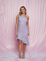 One Shoulder Premium Lace Asymmetric Mid Dress in Blue