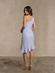One Shoulder Premium Lace Asymmetric Mid Dress in Blue