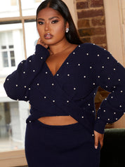 Plus Size Pearl Detail Twist Front Knitted Midi Dress in Navy