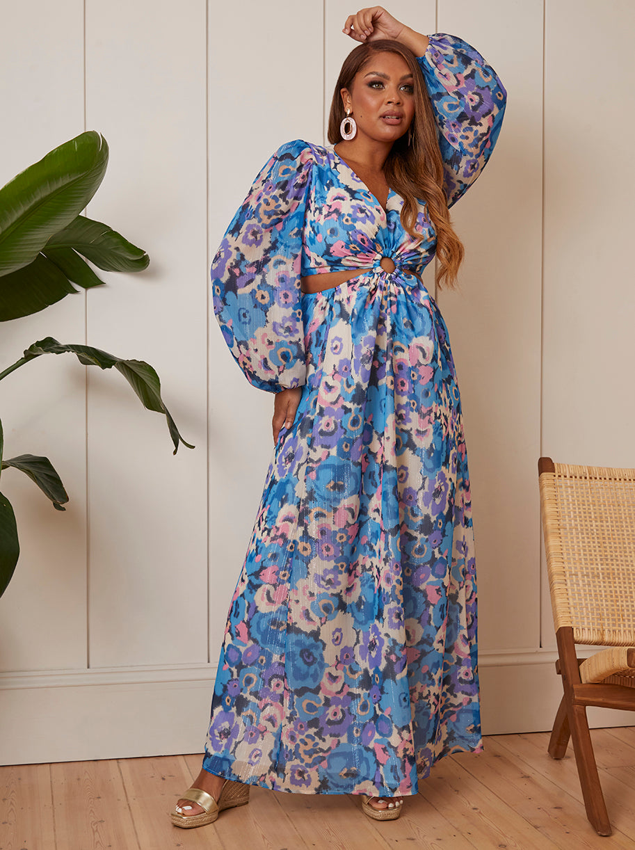 Chi Chi Long Sleeve Ring Detail Floral Maxi Dress in Blue, Size 10 Chi Chi Long Sleeve Ring Detail Floral Maxi Dress in Blue, Size 10