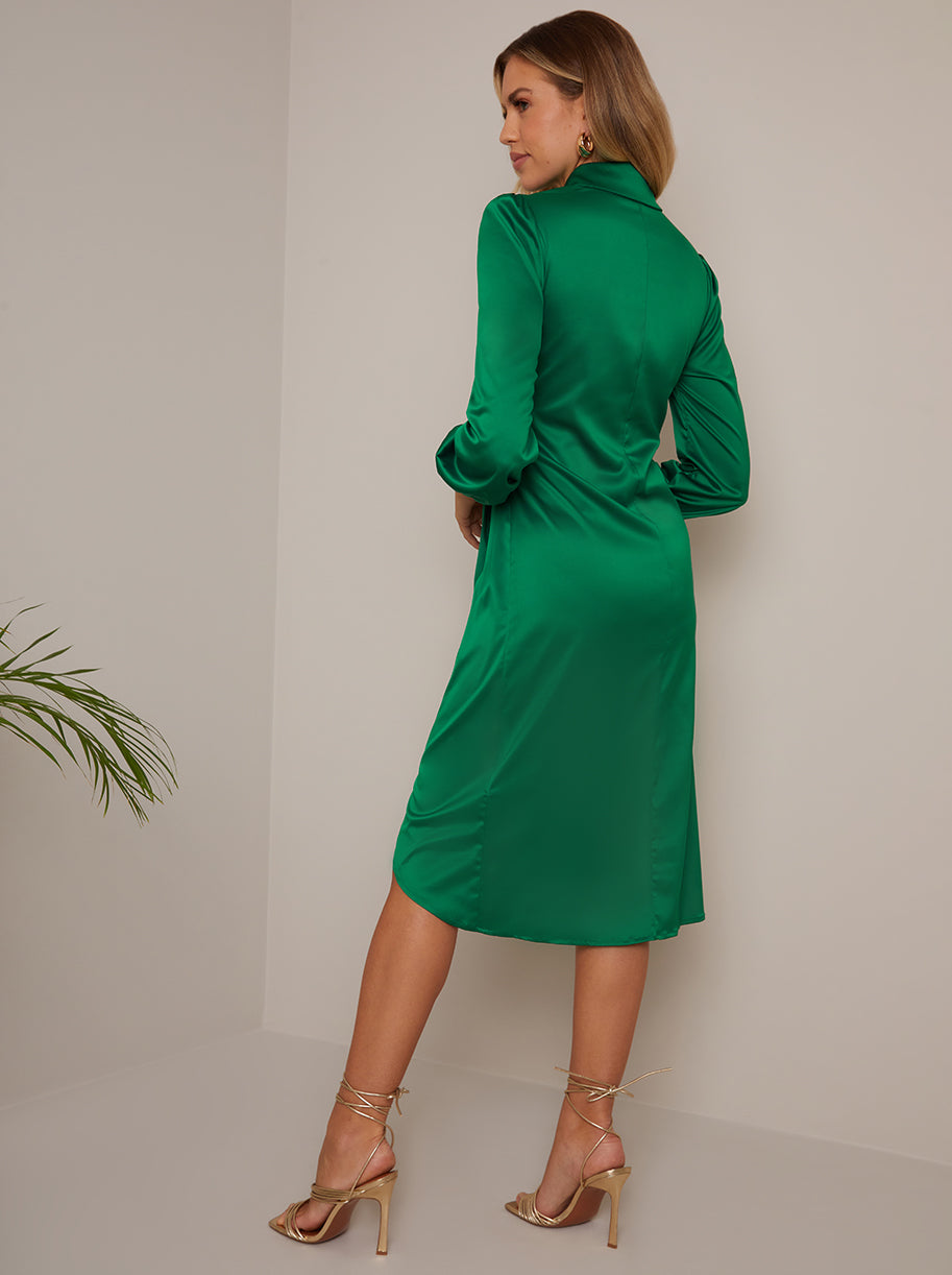 Balloon Sleeve Tie Detail Shirt Dress in Green