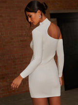 Cut-Out Long Sleeve Knitted Rib Dress in White