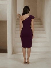 One Shoulder Wrap Detail Midi Dress in Purple