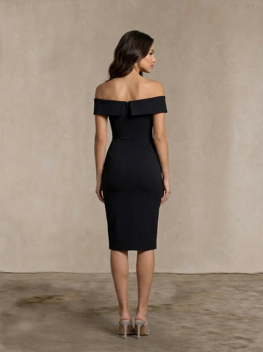 Bardot Split Detail Bodycon Midi Dress in Black