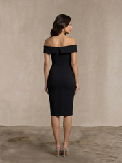 Bardot Split Detail Bodycon Midi Dress in Black