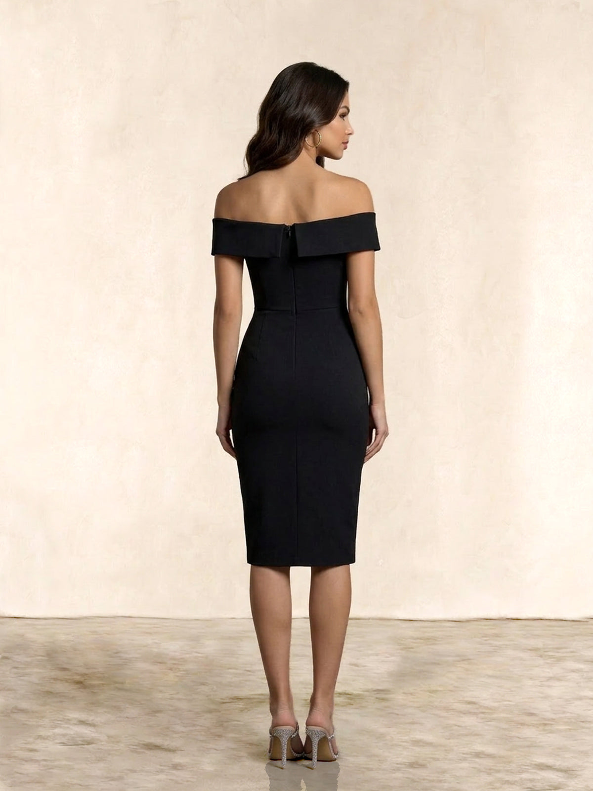 black choker detail bardot bodycon dress Split Midi in back split ensures ease Size:XL | in stock Black Square Neck Puff effortless holiday