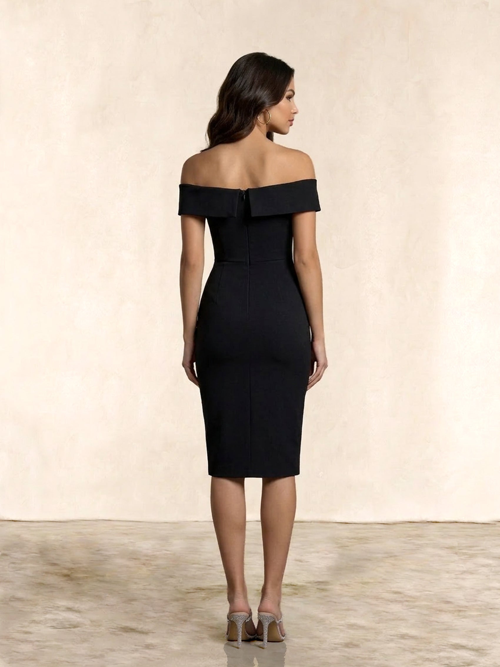 Bardot Split Detail Bodycon Midi Dress in Black