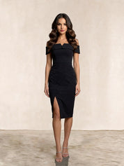 Bardot Split Detail Bodycon Midi Dress in Black