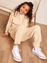 Girls Roll Neck Zip Up Cable Knit Loungewear Set in Cream