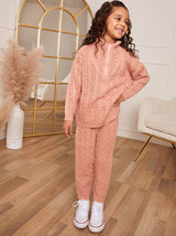 Girls Roll Neck Zip Up Cable Knit Loungewear Set in Pink