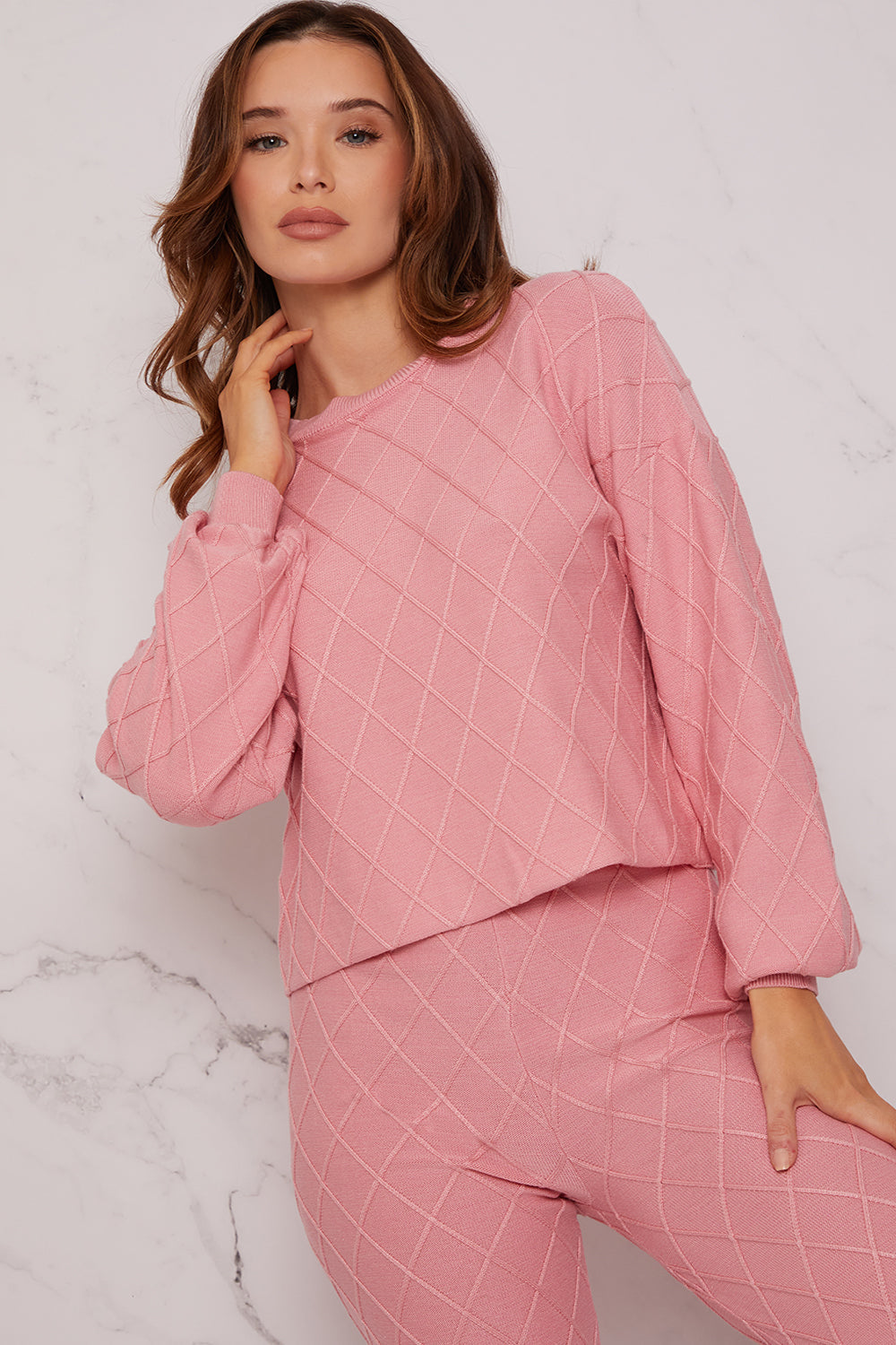 Diamond Stitch Loungewear Set in Pink