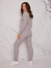 Roll Neck Cable Knit Loungewear Set in Grey