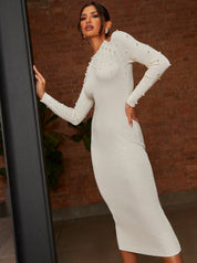 Cold Shoulder Pearl Detail Rib Midi Dress in Cream