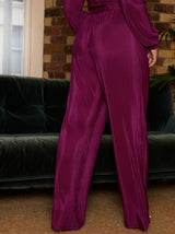Elasticated Waist Wide Leg Plisse Trousers in Berry