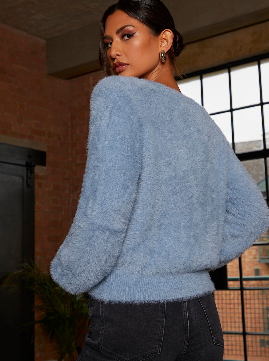 Fluffy Yarn Pearl Detail Knitted Cardigan in Blue