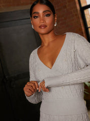 Pearl Detail Cable Knit Wrap Style Jumper in Grey
