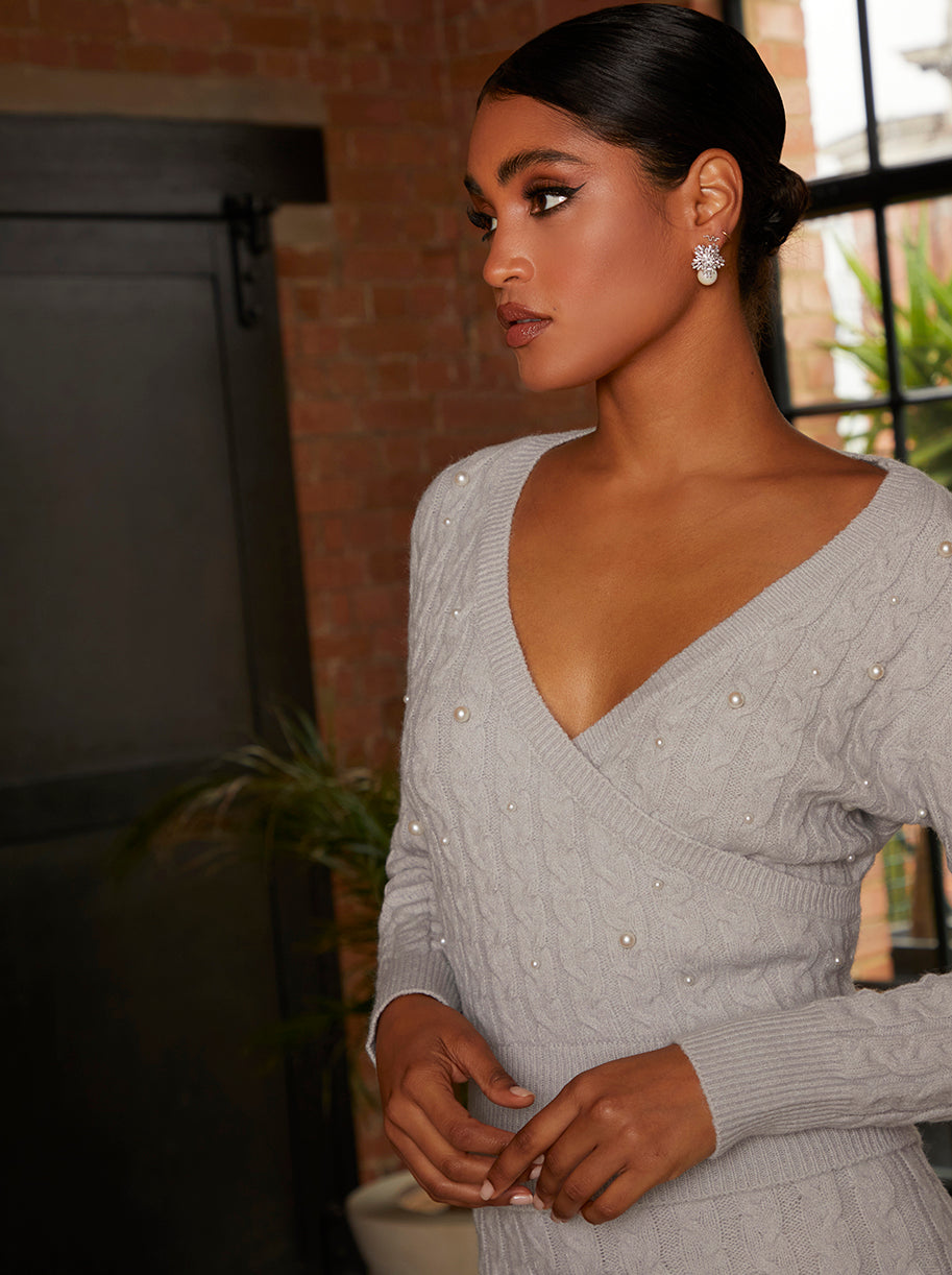 Pearl Detail Cable Knit Wrap Style Jumper in Grey