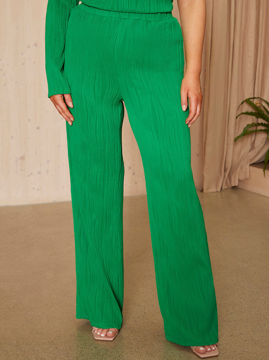Elasticated Waist Swirl Plisse Trousers in Green