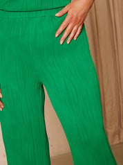 Elasticated Waist Swirl Plisse Trousers in Green