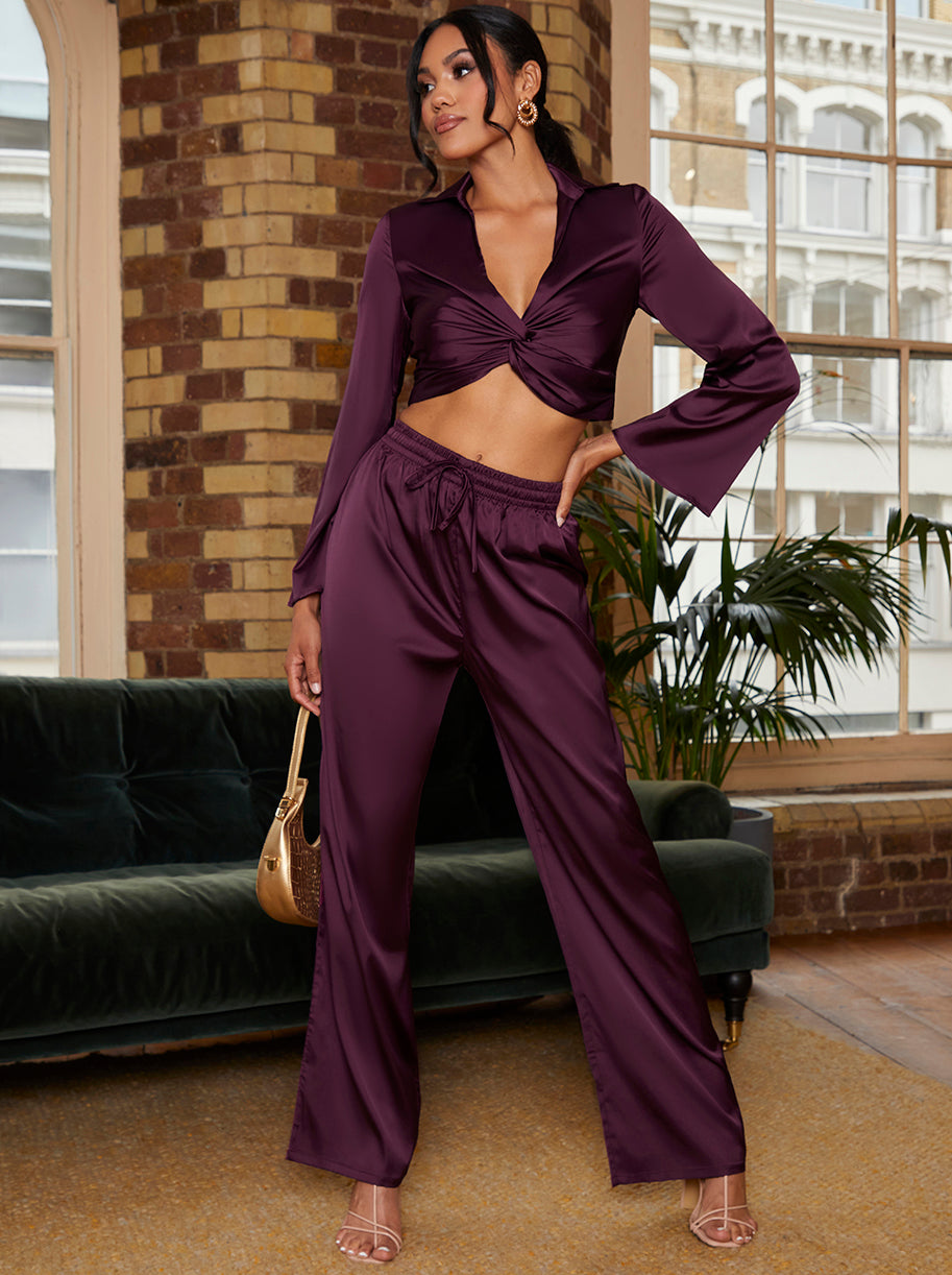 Satin Twist Front Shirt in Purple