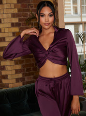 Satin Twist Front Shirt in Purple