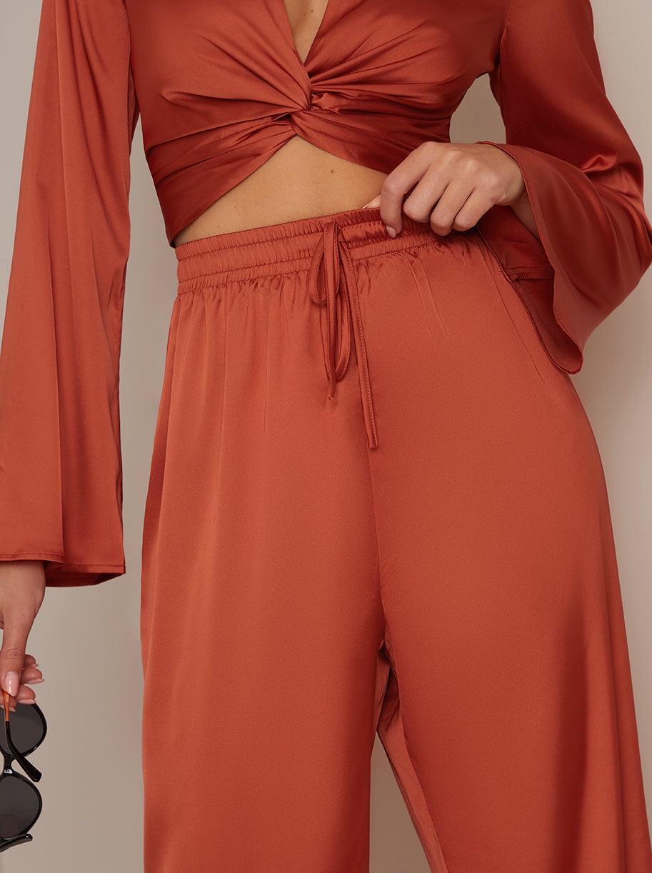 Satin Wide Leg Elasticated Waist Trousers in Burnt Orange