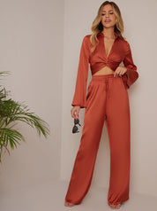 Satin Wide Leg Elasticated Waist Trousers in Burnt Orange