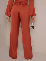 Satin Wide Leg Elasticated Waist Trousers in Burnt Orange