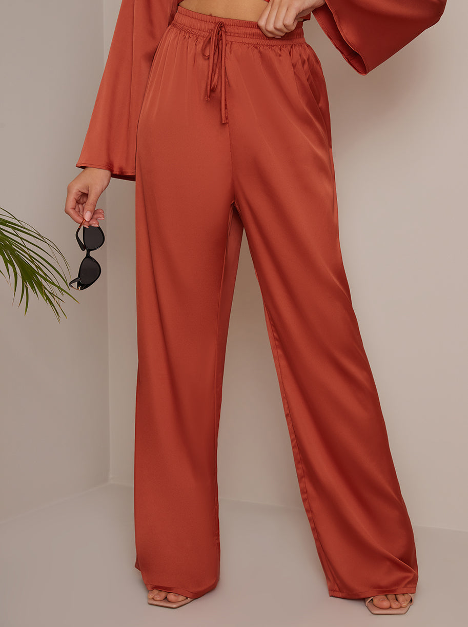 Satin Wide Leg Elasticated Waist Trousers in Burnt Orange