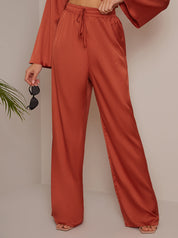 Satin Wide Leg Elasticated Waist Trousers in Burnt Orange