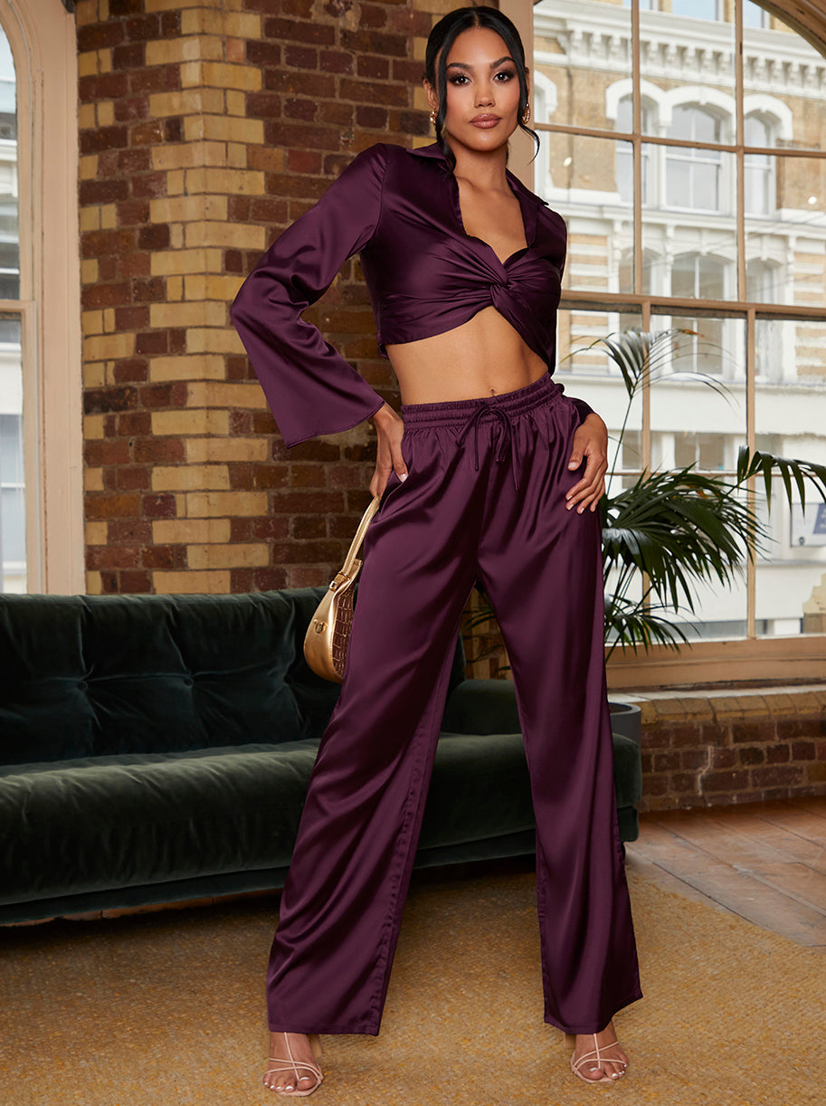Satin Wide Leg Trouser in Purple