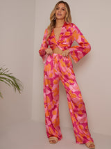 Long Sleeve V Neck Satin Twist Abstract Print in Pink