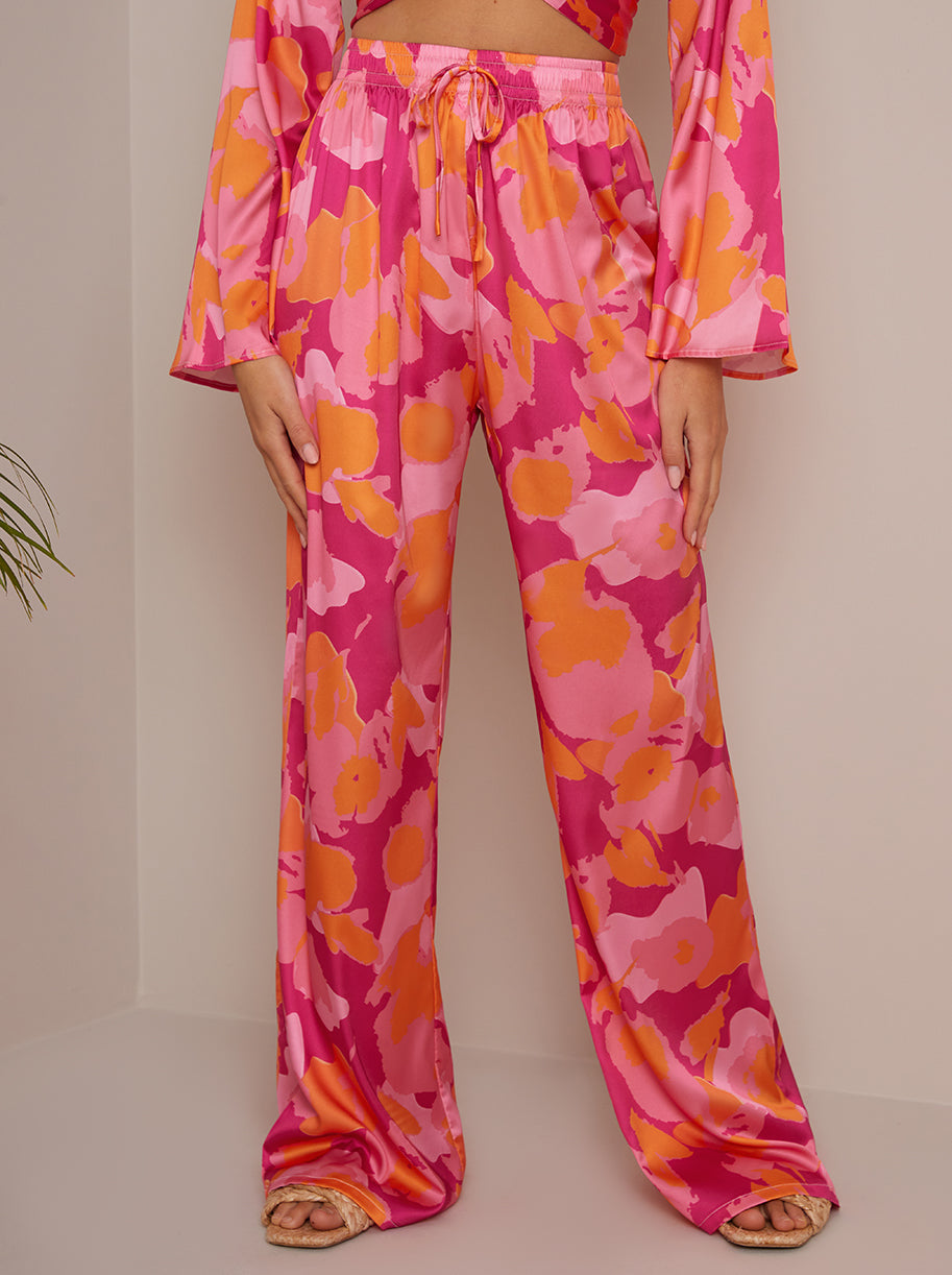 Satin Wide Leg Elasticated Waist Abstract Print in Pink
