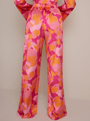 Satin Wide Leg Elasticated Waist Abstract Print in Pink