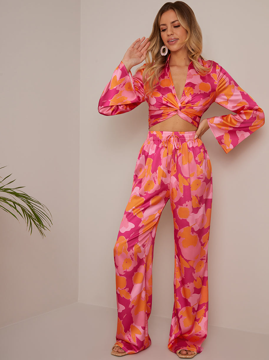 Satin Wide Leg Elasticated Waist Abstract Print in Pink